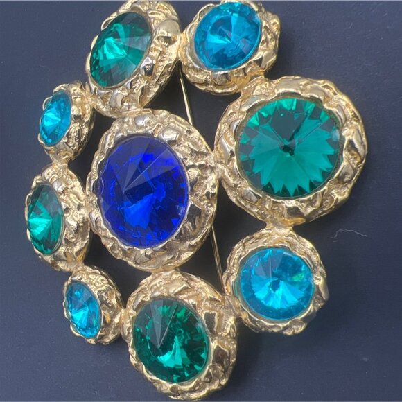 Vintage Dauplaise Brooch Royal Blue Aqua & Green Ravoli Rhinestones Cluster 3" - Picture 2 of 8